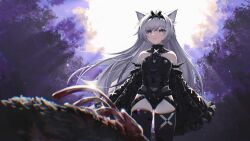 Rule 34 | 1girl, animal ears, black bodysuit, black hairband, black sleeves, black thighhighs, bodysuit, corpse, cross-shaped pupils, detached sleeves, grey hair, hair intakes, hairband, highres, long hair, mismatched pupils, no.21: feral scent (punishing: gray raven), no.21 (punishing: gray raven), punishing: gray raven, ribs, sleeves past fingers, sleeves past wrists, solo, symbol-shaped pupils, thighhighs, wolf ears, yellow pupils, zhou huan (dgpe2833)