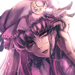 Rule 34 | 1girl, absurdres, backlighting, blunt bangs, crescent, crescent hat ornament, glasses, glitter, hat, hat ornament, head tilt, highres, kyogoku-uru, lips, long hair, looking at viewer, mob cap, nail polish, patchouli knowledge, pink hat, portrait, purple eyes, purple hair, purple nails, simple background, solo, touhou, white background