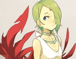 Rule 34 | 1girl, blue eyes, breasts, breath of fire, breath of fire v, closed mouth, commentary request, dress, facial mark, full-body tattoo, green hair, hair over one eye, kanyoko (yuzukano 17), nina (breath of fire v), red wings, short hair, simple background, solo, tattoo, white dress, wings