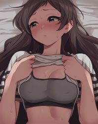 Rule 34 | 1girl, bed sheet, black hair, blush, breasts, cleavage, clothes lift, covered erect nipples, full-face blush, heero (whvu2288), idolmaster, idolmaster million live!, kitazawa shiho, lifted by self, long hair, looking away, lying, on back, shadow, shirt, shirt lift, solo, sports bra, striped clothes, striped shirt, sweatdrop, upper body