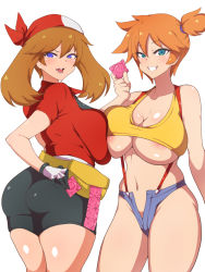 Rule 34 | 2girls, ass, asymmetrical hair, bare legs, bike shorts, blue eyes, blush, breasts, brown hair, condom, cowboy shot, creatures (company), dd (giogio99), denim, denim shorts, game freak, green eyes, green hair, gym leader, highres, huge breasts, large breasts, legs, legs together, may (pokemon), misty (pokemon), multiple girls, navel, nintendo, nipples, open mouth, orange hair, pokemon, pokemon (anime), pokemon (classic anime), pokemon rse, ponytail, red hair, shirt, short hair, short shorts, shorts, side ponytail, simple background, smile, suspenders, symbol-shaped pupils, tank top, thick thighs, thighs, underboob, white background, wide hips, yellow shirt, yellow tank top