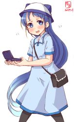 Rule 34 | 10s, 1girl, alternate costume, aoyama kotoha (mitsuboshi colors), aoyama kotoha (mitsuboshi colors) (cosplay), bag, black pantyhose, blue dress, blue eyes, blue hair, commentary request, cosplay, cowboy shot, dated, dress, gradient hair, handheld game console, hat, highres, holding, holding handheld game console, kanon (kurogane knights), kantai collection, long hair, mitsuboshi colors, multicolored hair, nintendo 3ds, nintendo ds, pantyhose, revision, samidare (kancolle), simple background, solo, swept bangs, tearing up, very long hair