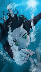 Rule 34 | 1girl, 1other, :t, absurdres, barefoot, black hair, bubble, diving, from below, green eyes, highres, inu chikushou, original, reaching, reaching towards viewer, serious, sunlight, swimming, underwater