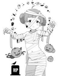 Rule 34 | 1girl, :o, ahoge, bandaged arm, bandaged chest, bandaged head, bandaged leg, bandages, bat (animal), bird, blush, claw pose, commentary, cowboy shot, crow, dot nose, double bun, flat chest, ghost, greyscale, hair bun, hakozaki serika, halloween, hands up, hat, highres, idolmaster, idolmaster million live!, jack-o&#039;-lantern, looking at viewer, midriff, minazuki tooru, monochrome, mummy costume, navel, official alternate hairstyle, panties, pumpkin, rest in peace (phrase), skull, solo, star (symbol), symbol-only commentary, thighs, tombstone, underwear, white background, witch hat