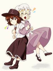 2girls :d ankle_socks black_hat black_skirt black_socks blonde_hair brown_eyes brown_footwear brown_hair closed_mouth commentary_request dress fedora frilled_skirt frills full_body happy hat highres loafers long_sleeves maribel_hearn mary_janes mob_cap multiple_girls necktie one_eye_closed open_mouth purple_dress red_necktie sash shirt shoes simple_background skirt smile socks touhou turtle-kun usami_renko white_background white_hat white_sash white_shirt white_socks yellow_eyes