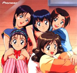 Rule 34 | 1980s (style), 1990s (style), 5girls, arms around neck, black hair, blue hair, brown hair, company name, hairband, head tilt, hugging own legs, idol boueitai hummingbird, knees up, long hair, long sleeves, looking at viewer, multiple girls, non-web source, official art, oldschool, open mouth, pants, purple hair, red hair, retro artstyle, short hair, short sleeves, sitting, smile, striped clothes, striped pants, teeth, toreishi kanna, toreishi mina, toreishi satsuki, toreishi uzuki, toreishi yayoi, upper teeth only