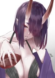 Rule 34 | 1girl, absurdres, alternate breast size, bare shoulders, blinkblink art, blush, bob cut, breasts, cleavage, collarbone, cup, eyeliner, fate/grand order, fate (series), highres, horns, japanese clothes, kimono, large breasts, long sleeves, looking at viewer, makeup, off shoulder, oni, open clothes, open kimono, parted lips, pointy ears, purple eyes, purple hair, purple kimono, revealing clothes, revision, sakazuki, short hair, shuten douji (fate), skin-covered horns, smile, wide sleeves
