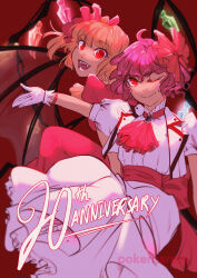 Rule 34 | 2girls, adapted costume, alternate hair color, anniversary, ascot, back bow, bat wings, black brooch, blonde hair, bow, brooch, closed mouth, embodiment of scarlet devil, fangs, flandre scarlet, gloves, glowing, glowing eyes, glowing wings, hair bow, head tilt, highres, jewelry, large bow, light smile, looking at viewer, looking to the side, multicolored wings, multiple girls, no headwear, one eye closed, open mouth, pink hair, pokerharem, puffy short sleeves, puffy sleeves, red ascot, red background, red bow, red eyes, remilia scarlet, shirt, short sleeves, siblings, simple background, sisters, teeth, touhou, transparent wings, white gloves, white shirt, wings