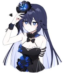 Rule 34 | 1girl, bare shoulders, black bow, black dress, black footwear, blue eyes, blue hair, bow, breasts, cleavage, closed mouth, colored inner hair, dress, eyeliner, flower, hair between eyes, hair flower, hair ornament, highres, honkai (series), honkai impact 3rd, light blush, lix (iroiro3843), long hair, medium breasts, multicolored hair, official alternate costume, red eyeliner, seele vollerei, seele vollerei (herrscher of rebirth), simple background, solo, sweatdrop, upper body, white background