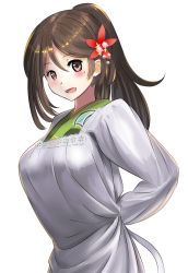 Rule 34 | 10s, 1girl, :d, amagi (kancolle), ao iro, apron, arms behind back, blush, brown eyes, brown hair, flower, hair between eyes, hair flower, hair ornament, highres, japanese clothes, kantai collection, kappougi, kimono, long hair, looking at viewer, matching hair/eyes, mole, mole under eye, open mouth, ponytail, simple background, smile, solo, white background