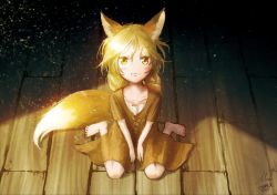 Rule 34 | 1girl, animal ears, barefoot, blonde hair, blush stickers, fangs, fox ears, fox tail, light particles, long hair, looking at viewer, mocha (cotton), on floor, original, signature, sitting, solo, tail, technoheart, v arms, wariza, wooden floor, yellow eyes