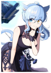 Rule 34 | 1girl, ahoge, animal ear fluff, animal ears, black dress, blue eyes, blue hair, blurry, breasts, cat ears, cat tail, cleavage, depth of field, dress, eyebrows hidden by hair, feet out of frame, final fantasy, final fantasy xiv, glasses, haihara yuuya, hand on own chin, heterochromia, highres, jewelry, large breasts, leaning forward, light smile, long hair, looking at viewer, miqo&#039;te, ring, scrunchie, semi-rimless eyewear, solo, tail, wand, warrior of light (ff14), wrist scrunchie, yellow eyes