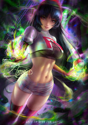 Rule 34 | 1girl, abs, axsen, banned artist, black hair, boots, breasts, commentary, cosplay, creatures (company), cropped jacket, elbow gloves, eyelashes, game freak, gloves, highres, jacket, jessie (pokemon), jessie (pokemon) (cosplay), long hair, looking at viewer, midriff, miniskirt, navel, nintendo, parted lips, patreon username, poke ball, poke ball (basic), pokemon, pokemon (anime), pokemon frlg, red eyes, sabrina (pokemon), signature, skirt, smile, solo, team rocket, team rocket uniform, thigh boots, thighhighs, watermark, web address, white jacket