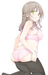 Rule 34 | 1girl, armpit peek, ass, back, bare arms, bare shoulders, black pantyhose, blush, bra, braid, breasts, brown hair, closed mouth, clothes pull, from behind, green eyes, highres, kneeling, light smile, looking at viewer, maigoyaki, medium breasts, medium hair, original, panties, pantyhose, pantyhose pull, parted bangs, pink bra, pink panties, simple background, solo, underwear, undressing, wavy hair, white background