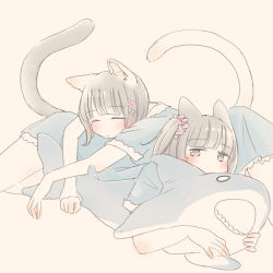 Rule 34 | 2girls, animal ears, animal-shaped pillow, blue dress, blunt bangs, blush, cat ears, cat girl, cat tail, closed eyes, dress, flower, grey hair, hair flower, hair ornament, inutose, looking at viewer, lying, medium hair, multiple girls, hugging object, on stomach, original, scrunchie, side ponytail, simple background, tail