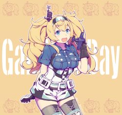 Rule 34 | 1girl, aircraft, airplane, belt, belt buckle, blonde hair, blue eyes, blush, breast pocket, buckle, buttons, character name, dated, gambier bay (kancolle), gloves, hair between eyes, highres, kantai collection, long hair, multicolored clothes, multicolored gloves, nakaaki masashi, open mouth, pocket, short sleeves, solo, thighhighs, twintails, twitter username