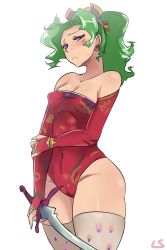 Rule 34 | 1990s (style), 1girl, :&lt;, bare shoulders, blush, breasts, cameltoe, cleavage, earrings, elbow gloves, embarrassed, final fantasy, final fantasy vi, gloves, green hair, highres, jewelry, leotard, lightsource, ponytail, solo, standing, sword, thighhighs, tina branford, weapon