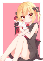 Rule 34 | 1girl, back bow, blonde hair, blush, bow, collared dress, hugging doll, dress, hair ribbon, highres, holding, holding stuffed toy, isoroku (isrk), knees up, looking at viewer, neck ribbon, hugging object, original, panties, pantyshot, parted lips, red eyes, ribbon, short hair, sitting, sleeveless, sleeveless dress, solo, stuffed animal, stuffed rabbit, stuffed toy, twintails, underwear