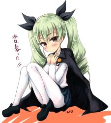Rule 34 | 1girl, :o, anchovy (girls und panzer), anzio school uniform, artist name, black cape, black footwear, black necktie, black ribbon, black skirt, blush, cape, commentary request, dress shirt, drill hair, emblem, full body, girls und panzer, green hair, hair ribbon, hands on own chest, head tilt, loafers, long hair, long sleeves, looking at viewer, miniskirt, necktie, pantyhose, parted lips, pleated skirt, red eyes, ribbon, saz (sazin764), school uniform, shirt, shoes, signature, sitting, skirt, solo, translation request, twin drills, twintails, white pantyhose, white shirt