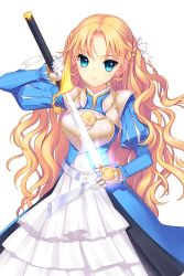Rule 34 | 1girl, bell (soccer spirits), blonde hair, blue dress, blue eyes, dress, floral print, flower, gloves, hair ribbon, highres, holding, holding weapon, long hair, looking at viewer, official art, ribbon, rose, rose print, shirahane nao, soccer spirits, sword, transparent background, weapon, white gloves, white ribbon, yellow flower, yellow rose