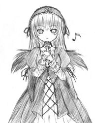 Rule 34 | 00s, 1girl, greyscale, hairband, holding, holding microphone, layered sleeves, long hair, microphone, monochrome, musical note, quaver, ribbon, rozen maiden, simple background, sketch, solo, suigintou, wings
