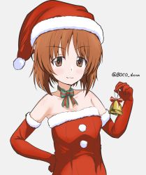 Rule 34 | 1girl, alternate costume, bare shoulders, bell, boko dream, brown eyes, brown hair, christmas, closed mouth, dress, elbow gloves, girls und panzer, gloves, green ribbon, grey background, hat, highres, holding, looking at viewer, neck ribbon, nishizumi miho, red dress, red gloves, red hat, ribbon, santa costume, santa dress, santa gloves, santa hat, short hair, simple background, smirk, solo, strapless, strapless dress, twitter username