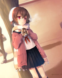 Rule 34 | 1girl, alternate costume, animal ears, bad id, bad pixiv id, black skirt, breath, brown hair, buttons, can, cardigan, contemporary, dutch angle, hair between eyes, head tilt, holding, holding can, inaba tewi, long sleeves, miniskirt, neckerchief, nnyara, outdoors, pleated skirt, rabbit ears, red eyes, red neckerchief, scarf, school uniform, short hair, skirt, solo, standing, striped, touhou, tree, twitter username, winter