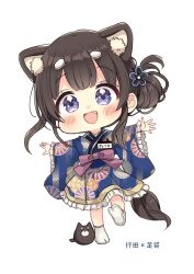 Rule 34 | 1girl, :d, animal ear fluff, animal ears, blue eyes, blue kimono, blush, bow, brown hair, character request, chibi, commentary request, fang, floral print, frilled kimono, frilled sleeves, frills, full body, hair bun, hair ornament, hairclip, highres, japanese clothes, kimono, leaning to the side, long sleeves, looking at viewer, no shoes, open mouth, pink bow, print kimono, sakura oriko, simple background, smile, socks, solo, standing, standing on one leg, tabi, tail, takasaki-sen meguri, translated, white background, white socks, wide sleeves