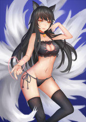 Rule 34 | 1girl, ahri (league of legends), alternate costume, animal ear legwear, animal ears, bad id, bad pixiv id, bell, black hair, black panties, black thighhighs, breasts, cat cutout, cat ear legwear, cat ear panties, cat lingerie, choker, cleavage, cleavage cutout, clothing cutout, collarbone, fang, highres, league of legends, long hair, looking at viewer, medium breasts, meme attire, multiple tails, nail polish, navel, neck bell, open mouth, panties, side-tie panties, slit pupils, smile, solo, stomach, tail, thighhighs, thighs, underwear, underwear only, xixing si yao meng, yellow eyes