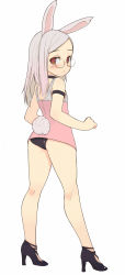 Rule 34 | 1girl, absurdres, animal ears, armlet, ass, bare legs, blush, choker, dress, elin, female focus, full body, glasses, grey hair, high heels, highres, long hair, long image, looking back, no pants, open mouth, oza watto, panties, rabbit ears, rabbit tail, red eyes, shoes, simple background, solo, tail, tall image, tera online, underwear, white background, white hair