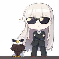 Rule 34 | 1girl, azur lane, bird, black jacket, black pants, blazer, brown footwear, business suit, chibi, collared shirt, commentary, crossed arms, dress shirt, eagle, english commentary, enterprise (azur lane), formal, full body, grey hair, grim (azur lane), jacket, long hair, long sleeves, no nose, official art, pants, shirt, sparkle, standing, suit, sunglasses, triangle mouth, v-shaped eyebrows, very long hair, white shirt