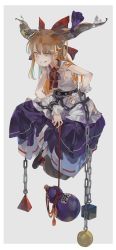 Rule 34 | 1girl, belt, black footwear, blonde hair, bow, chain, commentary request, cube, cuffs, footwear bow, full body, gourd, grey background, grin, hair bow, hand on own hip, highres, horn ornament, horn ribbon, horns, ibuki suika, long hair, orb, purple ribbon, purple skirt, pyramid (structure), red bow, red neckwear, ribbon, shackles, shihou (g-o-s), shirt, shoes, simple background, sitting, skirt, sleeveless, sleeveless shirt, smile, solo, touhou, white shirt, wrist cuffs, yellow eyes
