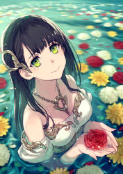 Rule 34 | 1girl, afloat, bare shoulders, black hair, blush, breasts, chain, cleavage, closed mouth, fingernails, flower, green eyes, hair ornament, highres, jewelry, kusano shinta, long fingernails, long hair, looking at viewer, medium breasts, mole, mole under eye, nail polish, necklace, off-shoulder shirt, off shoulder, original, partially submerged, petals, pink nails, red flower, red rose, rose, shirt, smile, solo, water, white flower, yellow flower