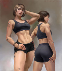 Rule 34 | 2girls, abs, ass, bike shorts, black shorts, breasts, brown hair, fleur-de-lis, grey eyes, hand in own hair, highres, ivanklimenko, lips, looking at viewer, midriff, multiple girls, navel, nose, short hair, shorts, small breasts, sports bra, standing, tattoo, warhammer 40k