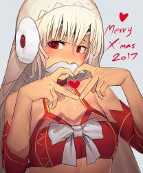 Rule 34 | 1girl, 2017, altera (fate), altera the santa (fate), bare shoulders, blue background, blush, bra, choker, commentary request, dark-skinned female, dark skin, detached sleeves, earmuffs, fake facial hair, fake mustache, fate/grand order, fate (series), hands up, heart, heart hands, highres, i-pan, looking at viewer, merry christmas, red bra, red eyes, short hair, silver hair, simple background, solo, underwear, upper body, veil