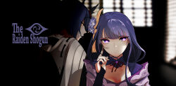 Rule 34 | 2girls, blue hair, blurry, blurry background, bridal gauntlets, chiaroscuro, chinese commentary, commentary, dark, dark blue hair, depth of field, english commentary, eyeliner, flower, genshin impact, hair flower, hair ornament, highres, kujou sara, long hair, makeup, mixed-language commentary, mole, mole under eye, multiple girls, neck ribbon, purple eyes, raiden shogun, ribbon, scene reference, the godfather, upper body, valkyrierei, whispering, yellow eyes