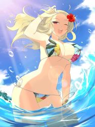Rule 34 | 1girl, armpits, bare hips, bare legs, bare shoulders, beach, bikini, blonde hair, bracelet, breasts, cameltoe, cleavage, fixing hair, flower, hair flower, hair ornament, hand on thigh, highres, jewelry, legs apart, long hair, mole, mole under mouth, one eye closed, open mouth, red eyes, senran kagura, shiki (senran kagura), side-tie bikini bottom, sideboob, micro bikini, sunlight, swimsuit, thick thighs, thighs, underboob, walking in water, water, wet, wind, wink