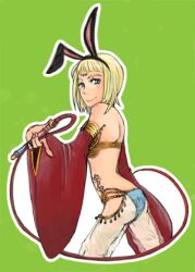 Rule 34 | 1girl, animal ears, ass, back, bikini, blonde hair, blue eyes, blunt bangs, closed mouth, commentary request, cowboy shot, detached sleeves, fake animal ears, green background, gypsy (ragnarok online), harem pants, holding, holding whip, looking at viewer, lowres, outline, pants, rabbit ears, ragnarok online, red sleeves, see-through, short bangs, short hair, simple background, smile, solo, swimsuit, umaruzo, white outline, white pants, wide sleeves, yellow bikini