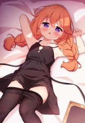 Rule 34 | 1girl, :o, absurdres, arm behind head, armpits, arms up, bare arms, bare shoulders, bed sheet, black dress, black pantyhose, blush, braid, clothes pull, commentary request, dress, hair between eyes, highres, long hair, looking at viewer, low twintails, lying, on back, orange hair, pantyhose, pantyhose pull, parted lips, princess connect!, purple eyes, setmen, sleeveless, sleeveless dress, solo, twin braids, twintails, yuni (princess connect!)