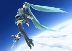 Rule 34 | 1girl, aircraft, airplane, aqua hair, boots, fighter jet, flying, hatsune miku, high heel boots, high heels, jet, long hair, mig-29, military, military vehicle, pun, rokuwata tomoe, sky, solo, thigh boots, thighhighs, twintails, very long hair, vocaloid, zettai ryouiki