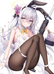 Rule 34 | 1girl, animal ears, assault rifle, azusa (blue archive), bare shoulders, blue archive, blush, bow, bowtie, breasts, closed mouth, crescent halo, detached collar, fake animal ears, flower, gun, hair between eyes, hair flower, hair ornament, halo, high heels, highres, holding, holding gun, holding weapon, leotard, long hair, looking at viewer, pantyhose, playboy bunny, purple eyes, rabbit ears, retsuto, rifle, simple background, sitting, small breasts, smile, solo, strapless, strapless leotard, very long hair, weapon, white background, white footwear, white hair, white leotard, wings, wrist cuffs, yellow bow, yellow bowtie