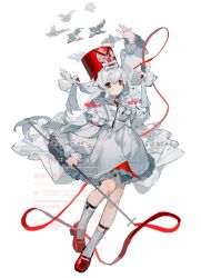 Rule 34 | 1girl, dress, english text, frilled dress, frilled skirt, frilled sleeves, frills, full body, hat, highres, holding, kikihuihui, long hair, long sleeves, original, red eyes, red footwear, red hat, red ribbon, ribbon, simple background, skirt, solo, thighs, white background, white dress, white hair, white theme