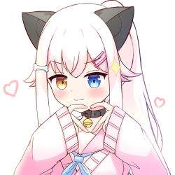 Rule 34 | 1girl, :3, absurdres, animal ears, bell, black collar, blue eyes, blush, bone hair ornament, brown eyes, cardigan, cartoon bone, cat ears, closed mouth, collar, commentary request, hair ornament, hairclip, heart, heart hands, highres, jingle bell, liang feng qui ye, long hair, long sleeves, neck bell, original, pink cardigan, pink sailor collar, ponytail, sailor collar, school uniform, serafuku, shirt, simple background, sleeves past wrists, solo, sparkle, upper body, v-shaped eyebrows, white background, white hair, white shirt