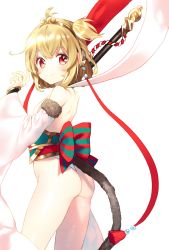 Rule 34 | 10s, 1girl, ahoge, andira (granblue fantasy), ass, blonde hair, breasts, closed mouth, cowboy shot, detached sleeves, erune, from side, granblue fantasy, holding, holding staff, looking at viewer, looking back, monkey tail, one side up, red eyes, short hair, simple background, small breasts, smile, solo, staff, standing, tail, thighs, tika (mika4975), white background, wide sleeves