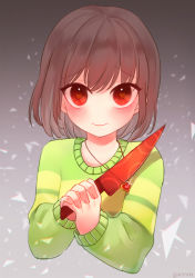 Rule 34 | androgynous, artist name, blinking, blush, brown hair, chara (undertale), dayuh, dust, gender request, heart, heart-shaped pupils, heart necklace, jewelry, knife, long sleeves, looking at viewer, necklace, red eyes, short hair, smile, solo, spoilers, striped clothes, striped sweater, sweater, symbol-shaped pupils, tareme, undertale, upper body