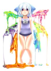 Rule 34 | circled 9, 1girl, bad id, bad pixiv id, bare shoulders, blue eyes, blue hair, bow, cirno, drooling, hair bow, highres, matching hair/eyes, melting, one-piece swimsuit, onion pikupiku, school swimsuit, short hair, solo, sweat, swimsuit, tears, touhou