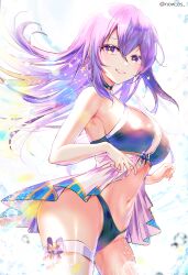 Rule 34 | 1girl, absurdres, alternate costume, bikini, black choker, breasts, choker, commentary, cowboy shot, floating hair, highres, hololive, hololive indonesia, large breasts, long hair, looking at viewer, looking to the side, moona hoshinova, navel, parted lips, purple eyes, purple hair, smile, solo, sowon, star (symbol), swimsuit, symbol-only commentary, thigh strap, twitter username, virtual youtuber