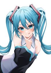 Rule 34 | 1girl, :p, absurdres, bare shoulders, black skirt, blue eyes, blue hair, blue nails, blush, collar, collared shirt, commentary, detached sleeves, grey shirt, hair ornament, hatsune miku, highres, long hair, long sleeves, looking at viewer, pleated skirt, ryaru ryaru, shirt, simple background, skirt, tongue, tongue out, twintails, vocaloid, white background