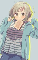 Rule 34 | 1girl, absurdres, aqua hoodie, blue pants, blush, bread, bread slice, brown eyes, commentary request, etra-chan wa mita!, food, food in mouth, grey background, highres, hood, hoodie, light brown hair, long sleeves, mouth hold, nyako (lhq3p), open clothes, open hoodie, pants, shirt, short hair, simple background, solo, striped clothes, striped shirt, toast, tsutsuji (etra-chan wa mita!)