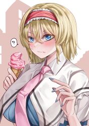 Rule 34 | 1girl, ?, alice margatroid, blonde hair, blue eyes, blue nails, breasts, capelet, closed mouth, commentary, food, food on face, hair between eyes, hairband, highres, holding, holding food, ice cream, large breasts, lolita hairband, looking at viewer, mahoro (minase mahoro), necktie, pink necktie, red hairband, short hair, solo, spoken question mark, touhou, upper body, white capelet